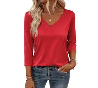 Shirt Damen 3/4 Arm,Elegant Sommerkleidung Boho Grosse Groessen Maerz Schickes Old Money Modern 2026 Elegant Bügelfreie Blusen V Ausschnitt Shirt Damen V Ausschnitt Rot M