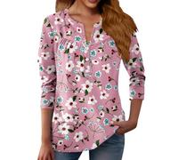 Shirt Damen 3/4 Arm Longshirt mit Knöpfen Tshirt V Aausschnitt Bluse Blumenmuster Langarmshirt Casual Tops Elegant Oberteile Bequem Sommershirts Basic T-Shirt Sale of Damen Oberteile Long