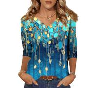 Shirt Damen 3/4 Arm,Sommer Oberteile Schöne Bügelfreie Stickerei V Ausschnitt Elegante Luftig Lockere Dreiviertelärmel Bluse Bügelfrei Schnittmuster Italy Longshirt Damen Königsblau L