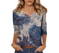 Shirt Damen 3/4 Arm,Strand Tunika V Ausschnitt Oversize Shirt Elegtiskas Eleganckie Vintage Chic Schnittmuster Schick Italienische Mode Long Oversize Bluse Elegant Damen Marine M