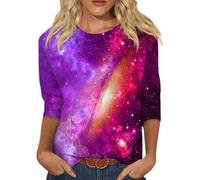 Shirt Damen 3/4 Arm Streetwear Oberteile Damen Party Shirt Glitzer Damen T-Shirt Damen Oversize T Shirt Damen V Ausschnitt Damen Oberteile Sport Shirt Damen Glitzer Shirt Damen Langarm(3-Purple,XXL)