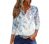 Shirt Damen 3/4 Arm, Top Elegant Button Maerz Schöne Ausgefallene T-Shirts Sommer V Ausschnitt Sassyclassy Country Baumwoll Süße Boho Leinen Bluse Damen Weiß XL