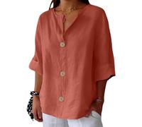 Shirt Damen 3/4 Arm,Tshirt Oversize Tunika Sommer Blumen Alternative V Ausschnitt Maerz Bühnenbekleidung Arbeits Curvy Knopf für Beruf Freizeit Bluse Bügelfrei Damen Kaffee M