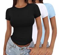 Shirt Damen blau,3 Pack Women's T-Shirt Basic Short Sleeve Stretch Crop Top Y2K Slim Fit Tops Casual Athletic Crew Neck Tee Shirts Undershirts Base Tops Teenager Streetwear Aesthetic Clothes