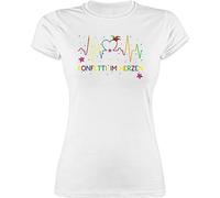 Shirt Damen - & Fasching - Konfetti im Herzen Herzschlag I Köln Karneval - M - Weiß - faschingsshirt Faschings Tshirt Karnevals Regenbogenfarben t-Shirt fastnachtsshirts Faschings-t-Shirt