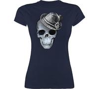 Shirt Damen - Kompatibel Oktoberfest - Totenkopf mit Filzhut - L - Navy Blau - trachtenshirts trachtenshirt bayrische Skull Funshirts für Frauen trachtentshirt Trachten t Shirts bayrisch bayernhut