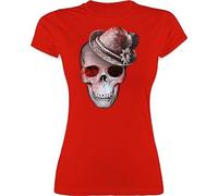 Shirt Damen - Kompatibel Oktoberfest - Totenkopf mit Filzhut - M - Rot - trachtenshirts trachtenshirt bayrische Skull Funshirts für Frauen trachtentshirt Trachten t Shirts bayrisch bayernhut