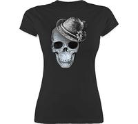 Shirt Damen - Kompatibel Oktoberfest - Totenkopf mit Filzhut - M - Schwarz - trachtenshirts trachtenshirt bayrische Skull Funshirts für Frauen trachtentshirt Trachten t Shirts bayrisch bayernhut