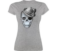Shirt Damen - Kompatibel Oktoberfest - Totenkopf mit Filzhut - XXL - Grau meliert - trachtenshirts trachtenshirt bayrische Skull Funshirts für Frauen trachtentshirt Trachten t Shirts bayrisch