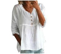 Shirt Damen Kurzarm Sommer Leinenbluse Elegant 3/4 Ärmel Oberteil Basic Baumwolle Blusenshirt Casual Tunika Slim Fit T-Shirt Lässig Leinenhemd Blusenshirt Damenblusen V-Ausschnitt Blusen Tshirt