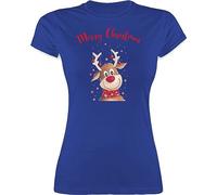 Shirt Damen - Weihnachten Geschenke Bekleidung - Merry Christmas Rentier I Elch - XXL - Royalblau - weihnachtsthirt weihnachtsmotiv elk Tshirt weihnachtstshirt weihnacht Xmas für Frauen