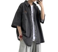 Shirt Herrenkurzarm Dünn Sommer Casual Tops Herren Jugend Revers Slim Fit Freizeithemden Herren Persönlichkeit Gestreift Farbabstimmung Hemd Herren B-Black Grey XL