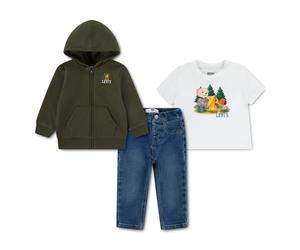 Shirt & Hose LEVI'S KIDS "LVB 3PC FZ HOODIE SET", Jungen, Gr. 9M74, olive night, Sweatware;Jersey;Denim/Jeans, Obermaterial: 60% Baumwolle, 40% Polyester. Obermaterial 2: 70% Baumwolle, 28% Polyester,