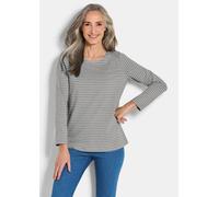 Kurzarmshirt GOLDNER "Kurzgröße Langarm 3er-Baumwollshirt-Set", Damen, Gr. 21, grau (grau, cremeweiß, grau, geringelt), Obermaterial: 95% Baumwolle CO. 5% Elasthan EL., Modisch, Shirts, U-Boot-Ausschn