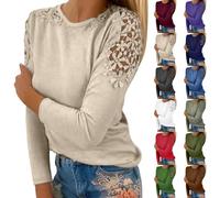 Shirt Langarm Damen,Blouse Women's Elegant Stretch Pullover Crew Neck Lace Long-Sleeved Shirt Plain Hollow Flowers Slim Fit Chic Office Casual Tops Y2K Party Clubwear Spring Fall Basic T-Shirt Beige