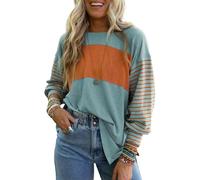 Shirt Langarm Damen, Oversized Color Block Oberteile mit Rundhalsausschnitt, Streifen Langarmshirt Damen Pullover Herbst Freizeit T-Shirts Bluse 2025