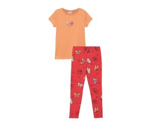 Shirt & Leggings S.OLIVER JUNIOR, Mädchen, Gr. 104/110, orange (peach, rot aop), Jersey, Obermaterial: 95% Baumwolle, 5% Elasthan, bedruckt, unifarben, KOB Set-Artikel, 2er Set, gemusterte Leggings un