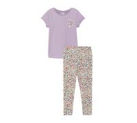 Shirt & Leggings S.OLIVER JUNIOR, Mädchen, Gr. 128/134, bunt (lavender, weiß aop), Jersey, Obermaterial: 95% Baumwolle, 5% Elasthan, bedruckt, unifarben, KOB Set-Artikel, 2er Set, gemusterte Leggings