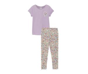 Shirt & Leggings S.OLIVER JUNIOR, Mädchen, Gr. 128/134, lavender, weiß aop, Jersey, Obermaterial: 95% Baumwolle, 5% Elasthan, bedruckt, unifarben, KOB Set-Artikel, 2er Set, gemusterte Leggings und Som
