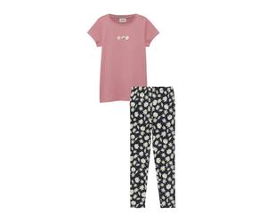 Shirt & Leggings S.OLIVER JUNIOR, Mädchen, Gr. 92/98, rosa (rose, navy aop), Jersey, Obermaterial: 95% Baumwolle, 5% Elasthan, bedruckt, KOB Set-Artikel, 2er Set, gemusterte Leggings und Sommershirt,