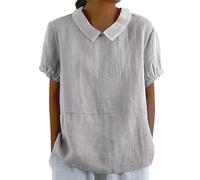 Shirt leinen Damen Longbluse Sommerbluse leicht und luftig Einfarbig Baumwoll Revers Kurzarm Musselin Tunika Bluse grün stehkragenhemd(Hellgrau, XL)