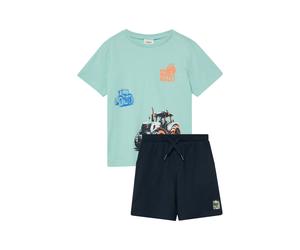 Shirt & Shorts S.OLIVER JUNIOR, Jungen, Gr. 128/134, blau grün, Jersey, Obermaterial: 100% Baumwolle, bedruckt, unifarben, KOB Set-Artikel (33904466-128) blau grün