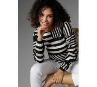 Shirtbluse ANISTON SELECTED, Damen, Gr. 36, schwarz-weiß (schwarz, sanftes weiß, beige), Crêpe, Obermaterial: 97% Polyester, 3% Elasthan, gemustert, lässig geschnitten hüftbedeckend, Rundhals, Rippbün