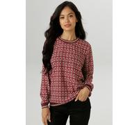 Shirtbluse ANISTON SELECTED, Damen, Gr. 40, rot (bordeaux, camel, beige), Crêpe, Obermaterial: 97% Polyester, 3% Elasthan, bedruckt, gemustert, figurumspielend hüftbedeckend, Rundhals, Bündchen, Bluse