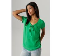 Shirtbluse ANISTON SELECTED, Damen, Gr. 42, grün, Chiffon, Obermaterial: 95% Viskose, 5% Elasthan. Chiffon: 100% Polyester, unifarben, figurumspielend hüftlang, tiefer V-Ausschnitt, normaler Saum, Blu