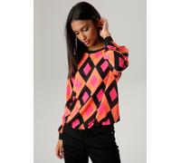 Shirtbluse ANISTON SELECTED, Damen, Gr. 44, bunt (schwarz, orange, pink), Crêpe, Obermaterial: 95% Polyester, 5% Elasthan, Rautenmuster, bedruckt, colorblocking, figurumspielend hüftbedeckend, Rundhal