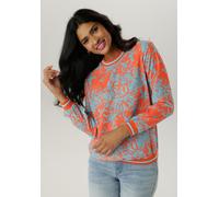 Shirtbluse ANISTON SELECTED, Damen, Gr. 46, bunt (orange, hellblau, weiß), Crêpe, Obermaterial: 97% Polyester, 3% Elasthan, bedruckt, geblümt, gemustert, figurumspielend hüftbedeckend, Rundhals, Bündc