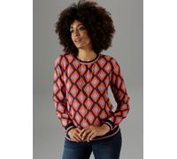 Shirtbluse ANISTON SELECTED, Damen, Gr. 46, orange (dunkelblau, orange, hellblau, schwarz), Crêpe, Obermaterial: 95% Polyester, 5% Elasthan, bedruckt, gemustert, gestreift, figurumspielend hüftbedecke