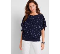 Shirtbluse BONPRIX, Damen, Gr. 50, dunkelblau, weiß bedruckt, Web;Georgette, Obermaterial: 100% Polyester. Innentop: 100% Polyester, bedruckt, loose fit hüftlang, Rundhals, Fledermausärmel,angeschnitt