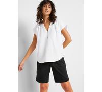 Shirtbluse BONPRIX "Musselin-Blusentop aus reiner Baumwolle", Damen, Gr. 46, weiß, Web, Obermaterial: 100% Baumwolle, oversize normal, Rundhals, gerader Abschluss, Blusen, Oversize-Passform, mit V-Aus