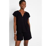 Shirtbluse BONPRIX "Musselin-Blusentop aus reiner Baumwolle", Damen, Gr. 48, schwarz, Web, Obermaterial: 100% Baumwolle, oversize normal, Rundhals, gerader Abschluss, Blusen, Oversize-Passform, mit V-