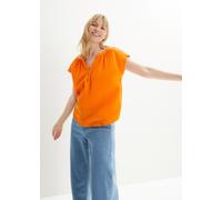 Shirtbluse BONPRIX "Musselin-Blusentop aus reiner Baumwolle", Damen, Gr. 52, orange (kürbisorange), Web, Obermaterial: 100% Baumwolle, unifarben, oversize normal, Rundhals, gerader Abschluss, Blusen,