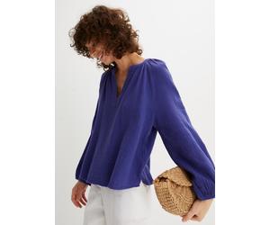 Shirtbluse BONPRIX "Oversize-Bluse aus Musselin", Damen, Gr. 40, lila (blauviolett), Web, Obermaterial: 100% Baumwolle, unifarben, oversize normal, V-Ausschnitt, elastischer Bund, Blusen, Oversize-Pas