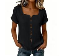 Shirtbluse Damen Musselin Damen Blusen Sommer Kurzarm Teeshirt Atmungsaktiv Baumwolle Blusenshirt Baggy Henley Sommerbluse Casual Einfarbig Oberteile Strand Oberteil