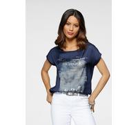 Shirtbluse LAURA SCOTT, Damen, Gr. 46, blau (marine, grau), Web, Obermaterial: 100% Polyester. Rückenteil: 95% Viskose, 5% Elasthan, bedruckt, metallic, unifarben, figurumspielend hüftlang, Rundhals, 