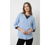 Shirtbluse ONLY "ONLJANA METTE V-NECK LS SHIRT NOOS WVN", Damen, Gr. L, blau (chambray blau), Web, Obermaterial: 100% Polyester, unifarben, regular fit normal, V-Ausschnitt, mit Aufschlag, Blusen (572