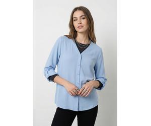 Shirtbluse ONLY "ONLJANA METTE V-NECK LS SHIRT NOOS WVN", Damen, Gr. L, chambray blau, Web, Obermaterial: 100% Polyester, unifarben, regular fit normal, V-Ausschnitt, mit Aufschlag, Blusen (57214758-L