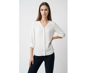 Shirtbluse ONLY "ONLJANA METTE V-NECK LS SHIRT NOOS WVN", Damen, Gr. M, cloud dancer, Web, Obermaterial: 100% Polyester, unifarben, regular fit normal, V-Ausschnitt, mit Aufschlag, Blusen (63520929-M)