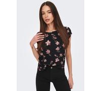 Shirtbluse ONLY "ONLVIC S/S AOP TOP NOOS PTM", Damen, Gr. 38 (M), schwarz aop:magnolia, Web, Obermaterial: 97% Polyester, 3% Elasthan, bedruckt, regular fit hüftlang, Rundhals, Blusen, mit Allover Dru
