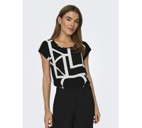 Shirtbluse ONLY "ONLVIC S/S AOP TOP NOOS PTM", Damen, Gr. 38 (M), schwarz (schwarz aop:maritime great logo), Web, Obermaterial: 97% Polyester, 3% Elasthan, bedruckt, regular fit hüftlang, Rundhals, Bl