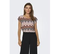 Shirtbluse ONLY "ONLVIC S/S AOP TOP NOOS PTM", Damen, Gr. 38 (M), weiß (cloud dancer aop:arabian zigzag), Web, Obermaterial: 97% Polyester, 3% Elasthan, gemustert, regular fit hüftlang, Rundhals, Blus