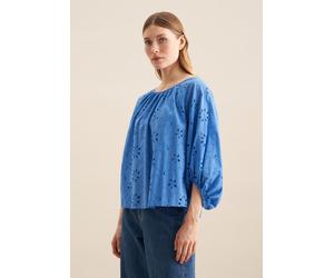 Shirtbluse SEIDENSTICKER "Schwarze Rose", Damen, Gr. XL (42), blau, 75% Baumwolle, 25% Polyester, unifarben, regular fit, Rundhals, Blusen, 3/4 Rundhals Stickerei (81259113-42) blau