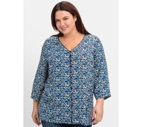 Shirtbluse SHEEGO, Damen, Gr. 52, blau (tiefblau, gemustert), 100% Viskose, gemustert, mehrfarbig, V-Ausschnitt, Blusen (66577153-52) tiefblau, gemustert