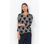 Shirtbluse SOYACONCEPT "SC-FELICITY AOP 555", Damen, Gr. S, blau (navy combi), Jersey, Obermaterial: 50% Baumwolle, 50% Viskose, gemustert, hüftlang, V-Ausschnitt, gerader Abschluss, Blusen, Baumwollm
