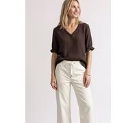 Shirtbluse STREET ONE, Damen, Gr. 42, schwarz coffee, Web, 100% Baumwolle, Strukturmuster, regular fit normal, V-Ausschnitt, Rüschen, Blusen, aus reiner Baumwolle (66451423-42) schwarz coffee