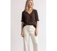 Shirtbluse STREET ONE, Damen, Gr. 44, schwarz coffee, Web, 100% Baumwolle, Strukturmuster, regular fit normal, V-Ausschnitt, Rüschen, Blusen, aus reiner Baumwolle (66451423-44) schwarz coffee